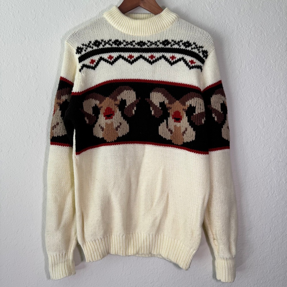 Vintage‎ Silton California Mens Size M Pullover Ram Knit Sweater Cream Mock Neck